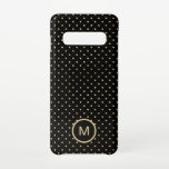 Gold Polka Dots Muster Monogram Initial Black Samsung Galaxy S10 Hülle<br><div class="desc">Ein zeitloses Muster von Goldpolka-Punkten auf einem klassischen schwarzen Hintergrund mit Monogramm Initial. Sie können Ihre Anfangsfarbe leicht personalisieren und auch die Schriftart- und Hintergrundfarbe ändern,  wenn Sie möchten,  indem Sie die Option Weitere anpassen.</div>