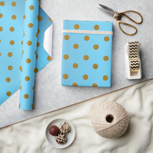 Gold Polka Dots und Baby Blue Satin Geschenkpapier (Kunsthandwerk)