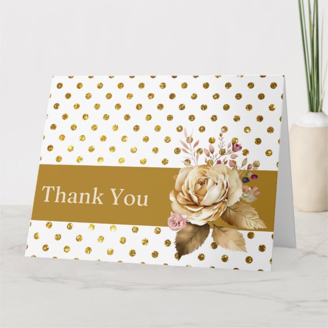Gold Polka Dots und Gold Rose Dankeskarte (Vorderseite)