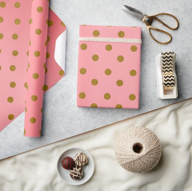 Gold Polka Dots und Korallensatin Geschenkpapier (Kunsthandwerk)