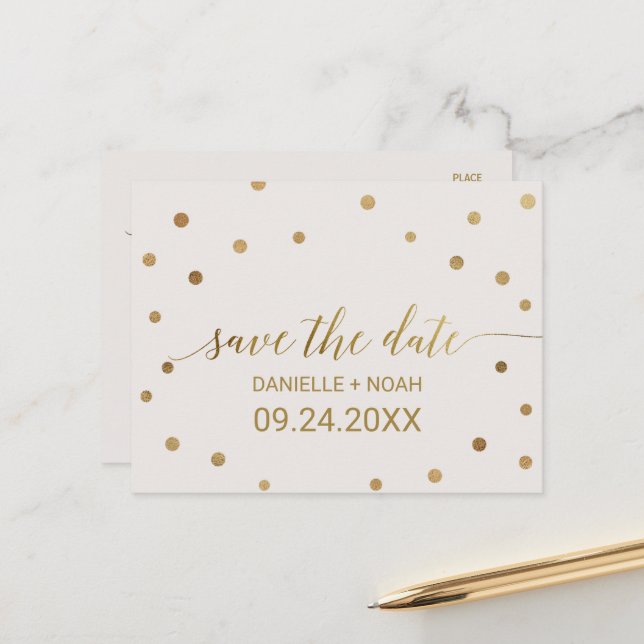 Gold Polka Dots Wedding Save the Date Ankündigungspostkarte (Vorderseite/Rückseite Beispiel)