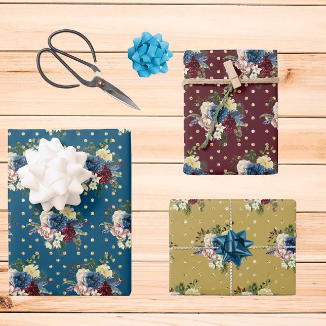 Gold Polka Dots Winter Holiday Floral Blume Geschenkpapier Set (Von Creator hochgeladen)