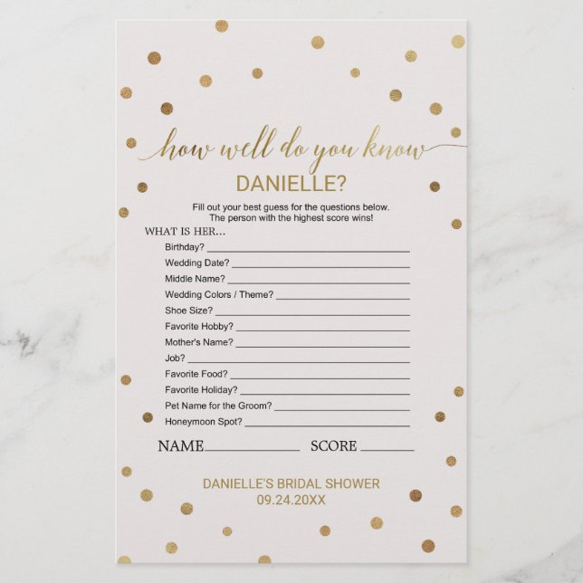 Gold Polka weiß, wie gut du das Bride-Spiel kennst (Vorderseite)