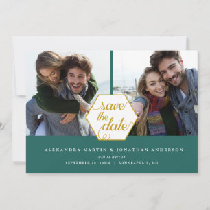 Gold Polygon 2 Fotos Dunkles Teal Save the Date