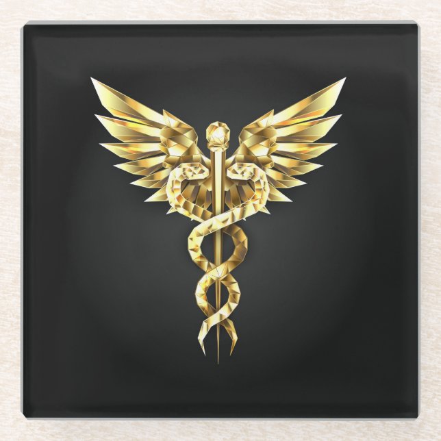 Gold Polygonal Symbol Caduceus Glasuntersetzer (Vorderseite)