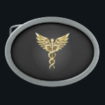 Gold Polygonal Symbol Caduceus Ovale Gürtelschnalle<br><div class="desc">Gold polygonale Caduceus Symbole auf schwarzem abgeschiedenem Hintergrund. Low Poly Symbol der Medizin.</div>