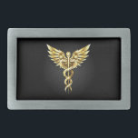 Gold Polygonal Symbol Caduceus Rechteckige Gürtelschnalle<br><div class="desc">Gold polygonale Caduceus Symbole auf schwarzem abgeschiedenem Hintergrund. Low Poly Symbol der Medizin.</div>