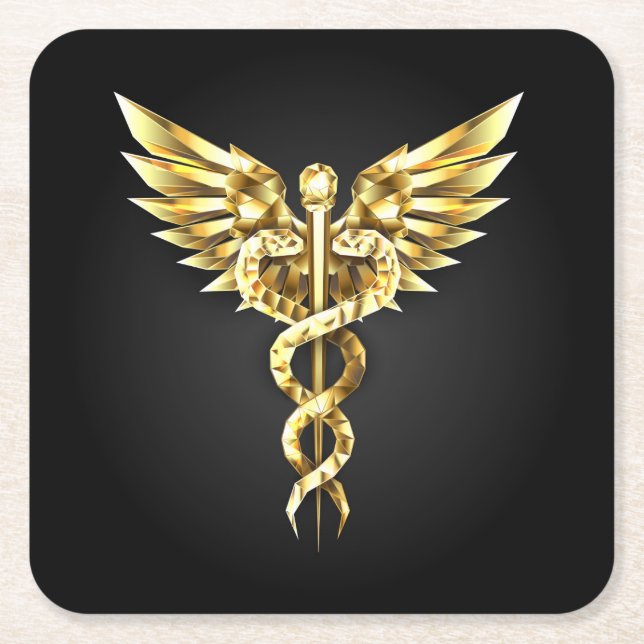 Gold Polygonal Symbol Caduceus Rechteckiger Pappuntersetzer (Vorderseite)