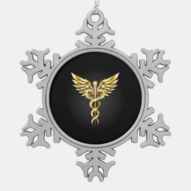 Gold Polygonal Symbol Caduceus Schneeflocken Zinn-Ornament (Vorderseite)