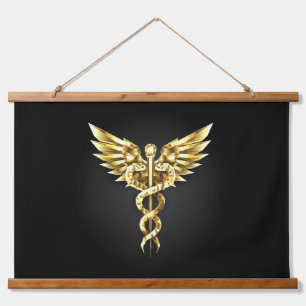 Gold Polygonal Symbol Caduceus Wandteppich Mit Holzrahmen