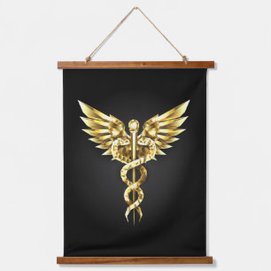 Gold Polygonal Symbol Caduceus Wandteppich Mit Holzrahmen