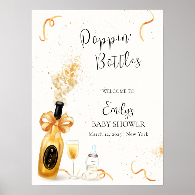 Gold Poppin Flaschen Champagne Baby Dusche Willkom Poster (Vorne)