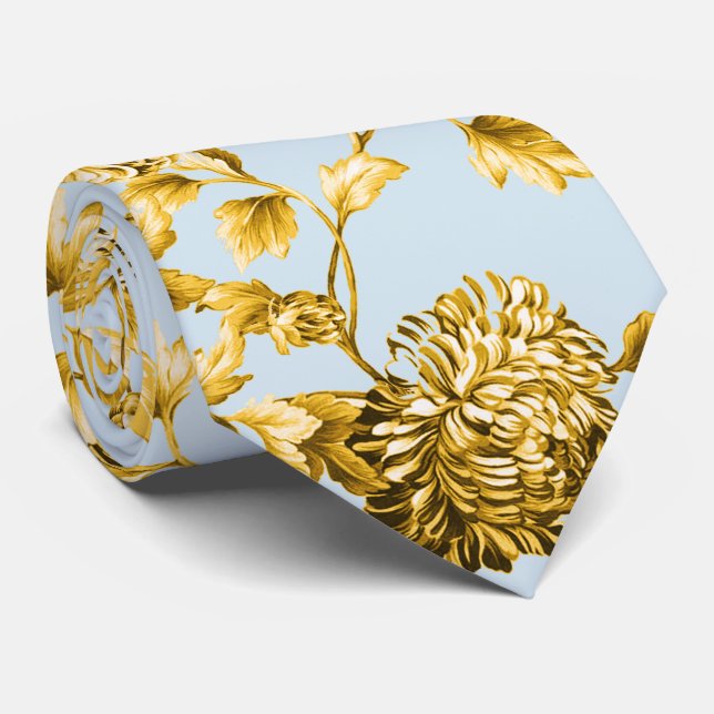 Gold & Powder Blau Moderne botanische Blumentoilet Krawatte (Gerollt)