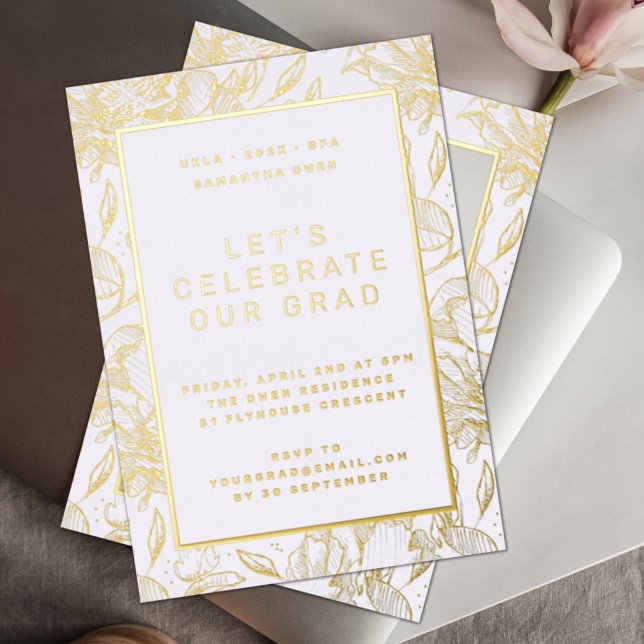 Gold Pressed Leaf Floral Graduation Party Folieneinladung (Von Creator hochgeladen)