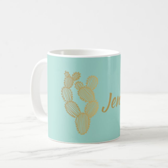 Gold Prickly Cactus Doodle Personalisiert Kaffeetasse (Vorderseite Links)