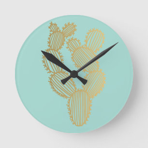 Gold Prickly Cactus Doodle Runde Wanduhr