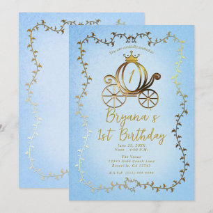 Gold Princess Carriage Blue Storybook 1. Geburtsta Einladung