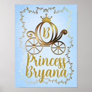 Gold Princess Carriage Blue Storybook Personalisie Poster