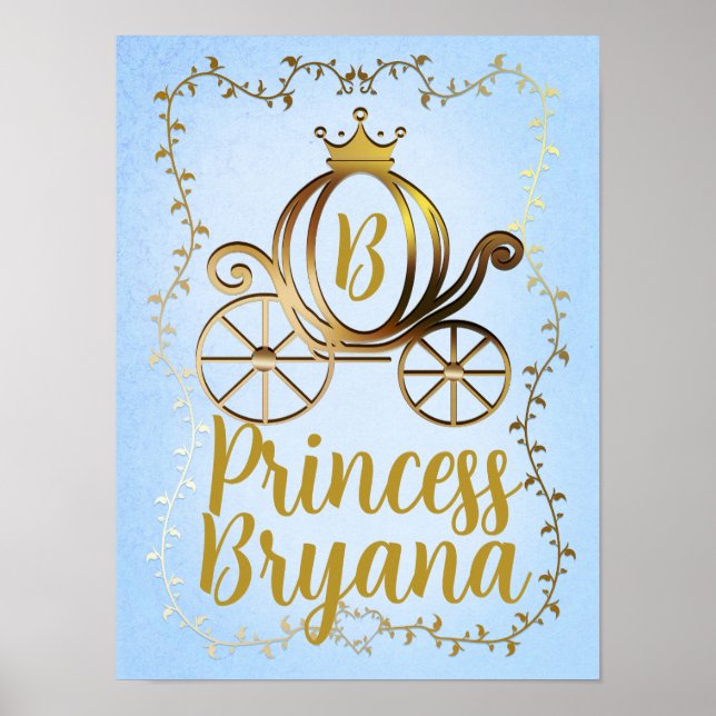 Gold Princess Carriage Blue Storybook Personalisie Poster (Vorne)