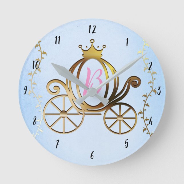 Gold Princess Carriage Blue Storybook Personalisie Runde Wanduhr (Vorderseite)