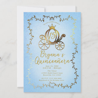 Gold Princess Carriage Blue Storybook Quinceañera Einladung