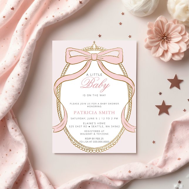 Gold Princess Coquette Pink Bow Baby Dusche Einladung (Gold Princess Coquette Pink Bow Baby Shower Invitation)