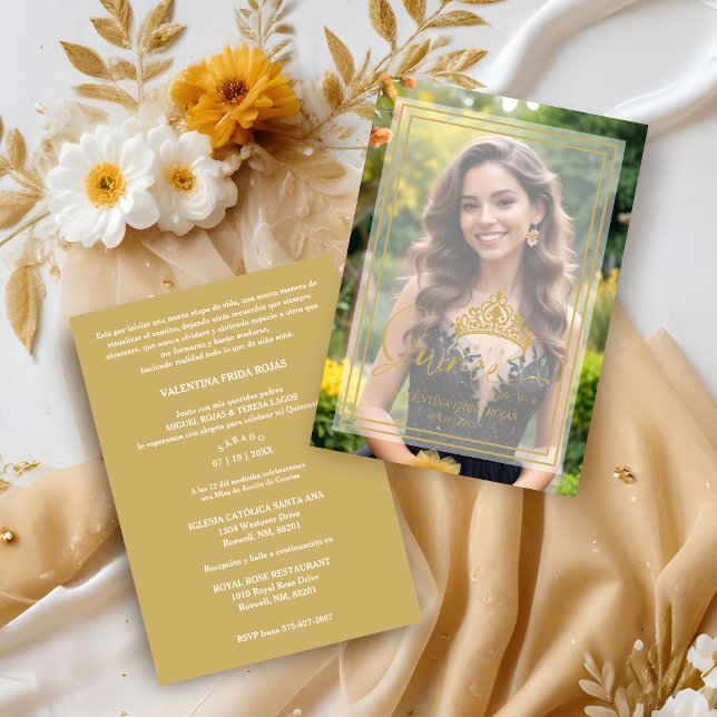 Gold Princess Tiara Exquisite Overlay Vellum XV Einladung (Faux Gold Princess Tiara Exquisite Overlay Vellum Effect Quinceañera Sophisticated Photo Invitation.)