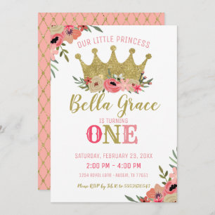 Gold Prinzessin-Crown Birthday Invitation Pink Einladung