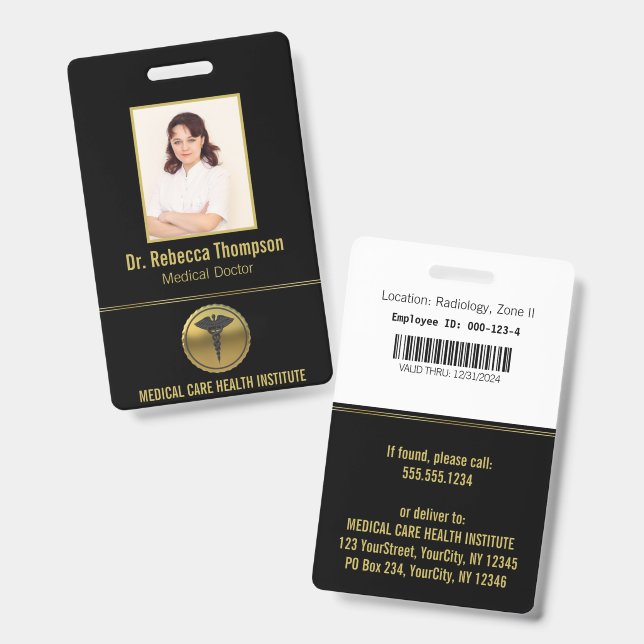 Gold Professional Medical Caduceus Emblem Photo ID Ausweis (Vorder- & Rückseite)