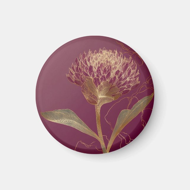 Gold Protea Flower Burgundy Botanical Linework Magnet (Vorne)