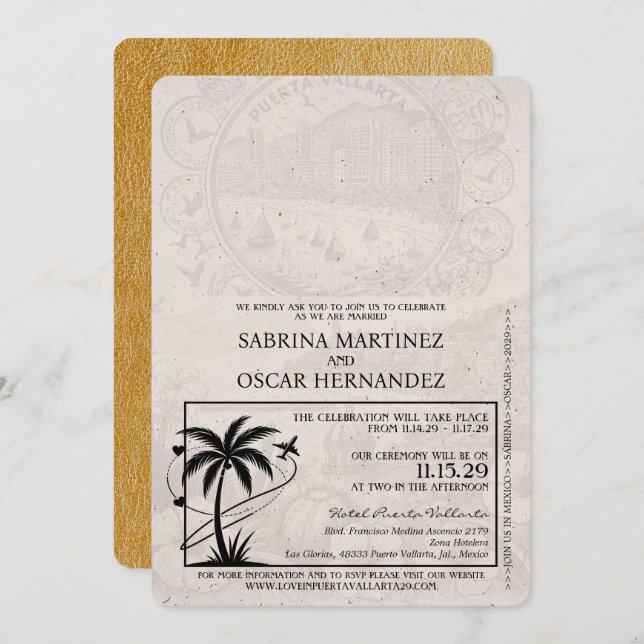 Gold Puerta Vallarta Passport Wedding Einladung (Vorne/Hinten)