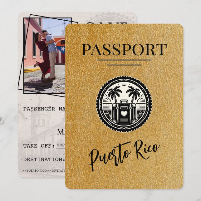 Gold Puerto Rico Passport Save The Date (Vorne/Hinten)