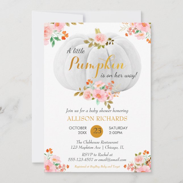 Gold Pumpkin Fall Pink Floral Baby Dusche Einladung (Vorderseite)