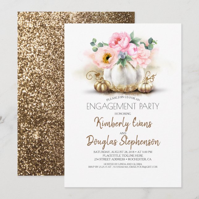 Gold Pumpkin Pink Floral Fall Engagement Party Einladung (Vorne/Hinten)