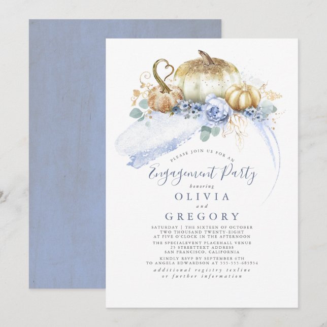 Gold Pumpkins Dusty Blue Fall Engagement Party Einladung (Vorne/Hinten)