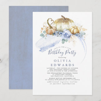 Gold Pumpkins Dusty Blue Floral Fall Geburtstag Einladung