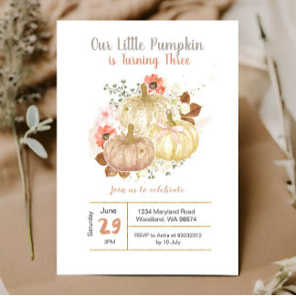 Gold Pumpkins Floral zum dritten Geburtstag Einladung