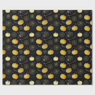 Gold Pumpkins & Webs - Nahtloses Halloween-Muster Geschenkpapier