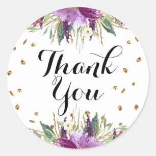 Gold-Purple-Glitter-Blumen-Danke-Aufkleber Runder Aufkleber