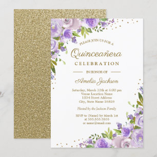 Gold Purpur Blumen Wasserfarbe Quinceanera Einladu Einladung