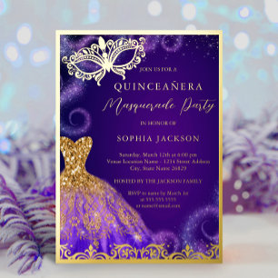 Gold Purpur-Maskenball-Abendkleid Quinceanera Foe Folieneinladung