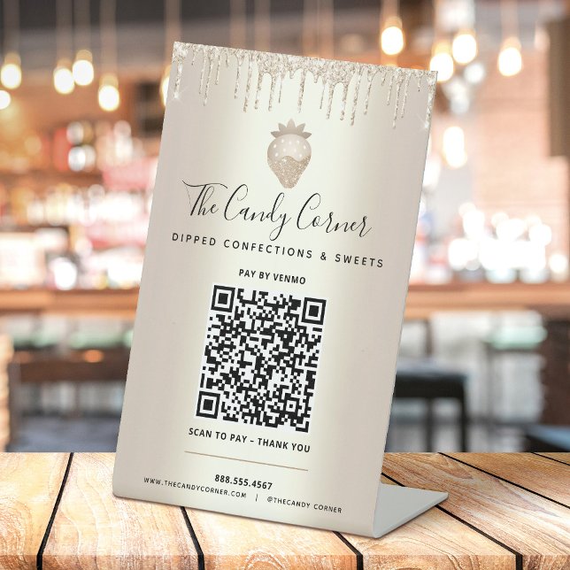 Gold QR Code Bezahlung Hier Erdbeeren Glitzer Trop Sockelschild (Von Creator hochgeladen)