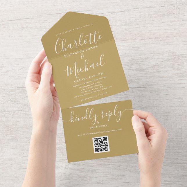 Gold QR Code Script Minimalistische Hochzeit All In One Einladung (Abreißen)