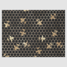 Gold Queen Bees and Honeycomb on Black Decoupage Seidenpapier