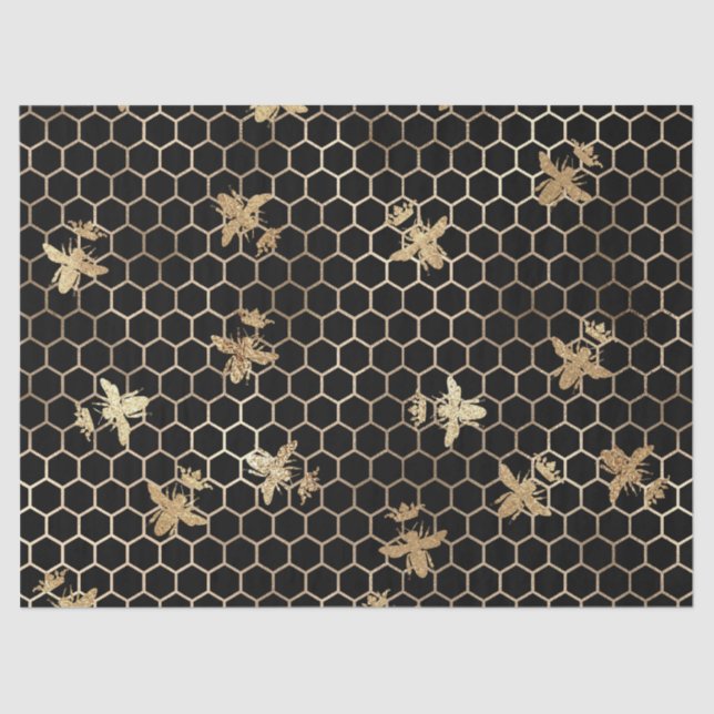Gold Queen Bees and Honeycomb on Black Decoupage Seidenpapier (Vorderseite)
