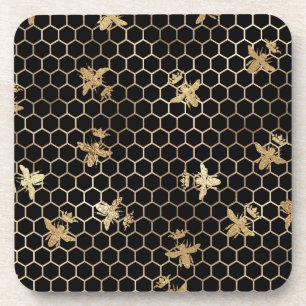 Gold Queen Bees and Honeycomb on Black Getränkeuntersetzer