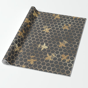 Gold Queen Bees and Honeycomb on Gray Geschenkpapier