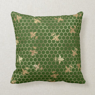 Gold Queen Bees and Honeycomb on Green Kissen
