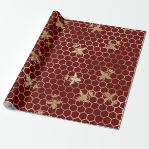 Gold Queen Bees and Honeycomb on Red Geschenkpapier