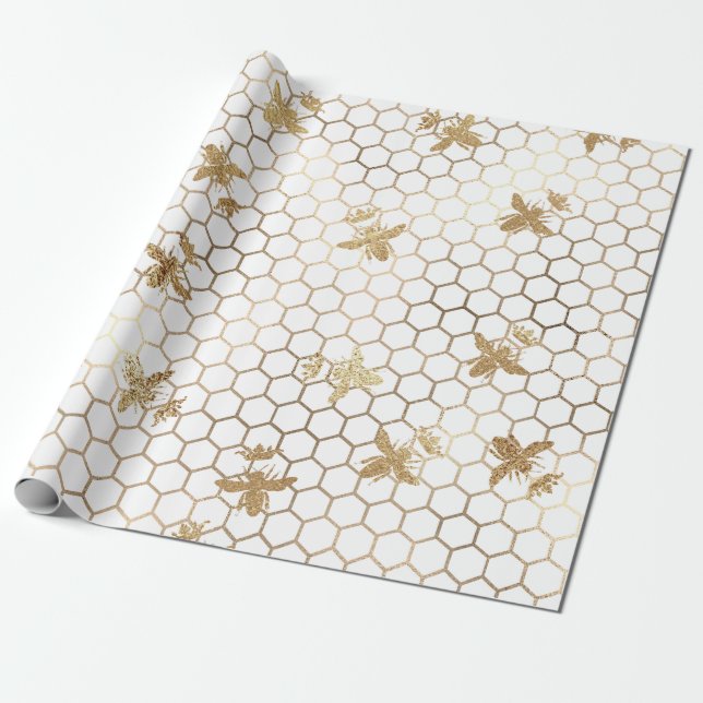 Gold Queen Bees and Honeycomb on White Geschenkpapier (Ungerollt)